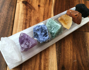 7 chakra Set with Selenite Plate Raw