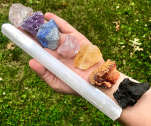 7 chakra Stone Set with Selenite Wand Raw
