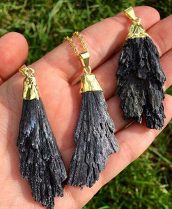 Black Kyanite Pendant - Raw Pendant in Plated Setting