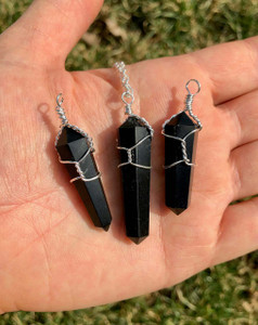 Black Obsidian Polished Point Pendant in Wire Wrapped Setting