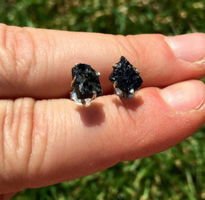 Black Tourmaline Raw Natural Stud Earrings - Sterling Silver