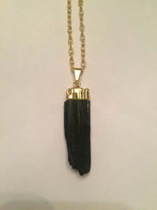 Black Tourmaline Raw Pendant in Plated Setting