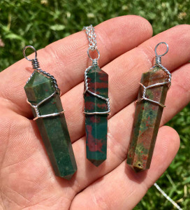 Bloodstone Pendant - Polished Point Pendant in Wire Wrapped Setting