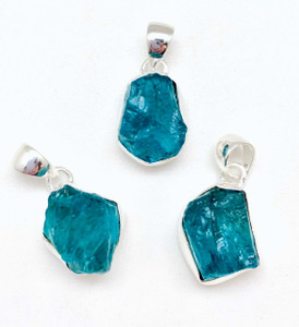 Blue Apatite Raw Natural Pendant in Bezel Setting - Sterling Silver