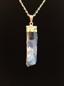Blue Kyanite and Black Tourmaline Raw Natural Pendant in Plated Setting - Sterling Silver