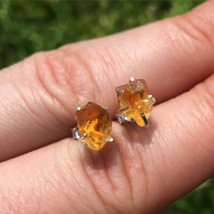 Citrine Treated Raw Stud Earrings in Prong Setting
