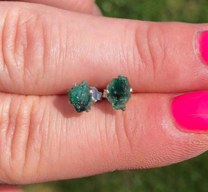Emerald Raw Natural Stud Earrings - Sterling Silver