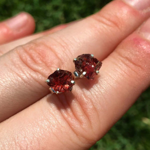Garnet Raw Natural Stud Earrings - Sterling Silver