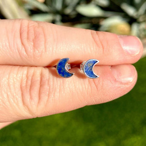 Lapis Lazuli Polished Moon Earrings in Stud Setting - Sterling Silver