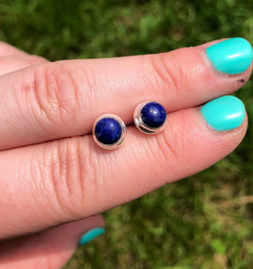 Lapis Lazuli Polished Round Earrings in Stud Setting - Sterling Silver