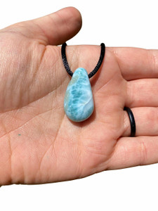 Larimar Pendant with 28 Adjustable Black Cord - Polished Teardrop Pendant in Drilled Setting