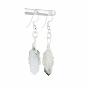 Moonstone Polished Point Earrings in Wire Wrapped Dangle Setting