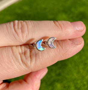 Rainbow Moonstone Polished Moon Stud Earrings - Sterling Silver