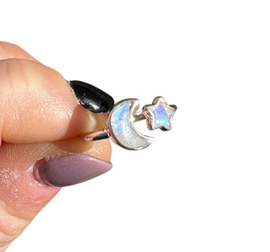 Rainbow Moonstone Star and Moon Ring in Sterling Silver 