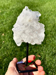 Raw Clear Quartz Crystal Cluster on Metal Stand