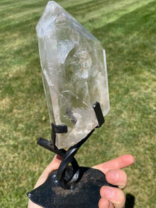Raw Lemurian Quartz Crystal Point on Metal Stand - 1