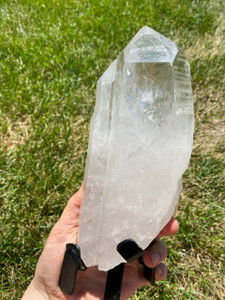 Raw Lemurian Quartz Crystal Point on Metal Stand - 16