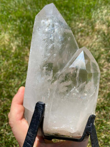 Raw Lemurian Quartz Crystal Point on Metal Stand - 17