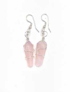 Rose Quartz Polished Point Earrings in Wire Wrapped Dangle Setting