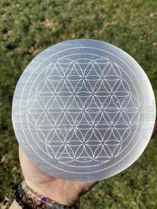 Selenite Plate Flower of Life Engraved 4 - 6