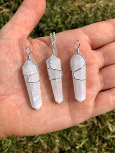 Selenite Raw Point Pendant in Wire Wrapped Setting