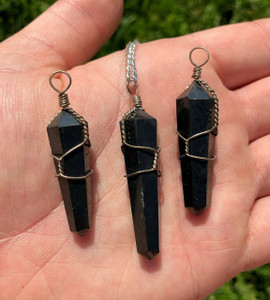 Shungite Pendant - Polished Point Pendant in Wire Wrapped Setting