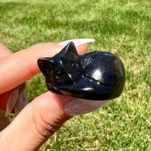 Silver Sheen Obsidian Crystal Cat, Sleeping Cat 