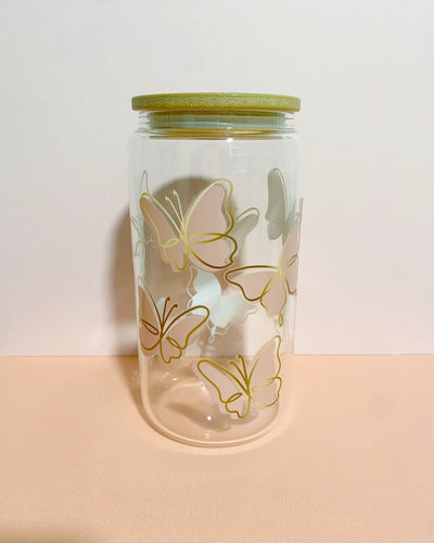 Pink & Gold Butterfly Glass Tumbler